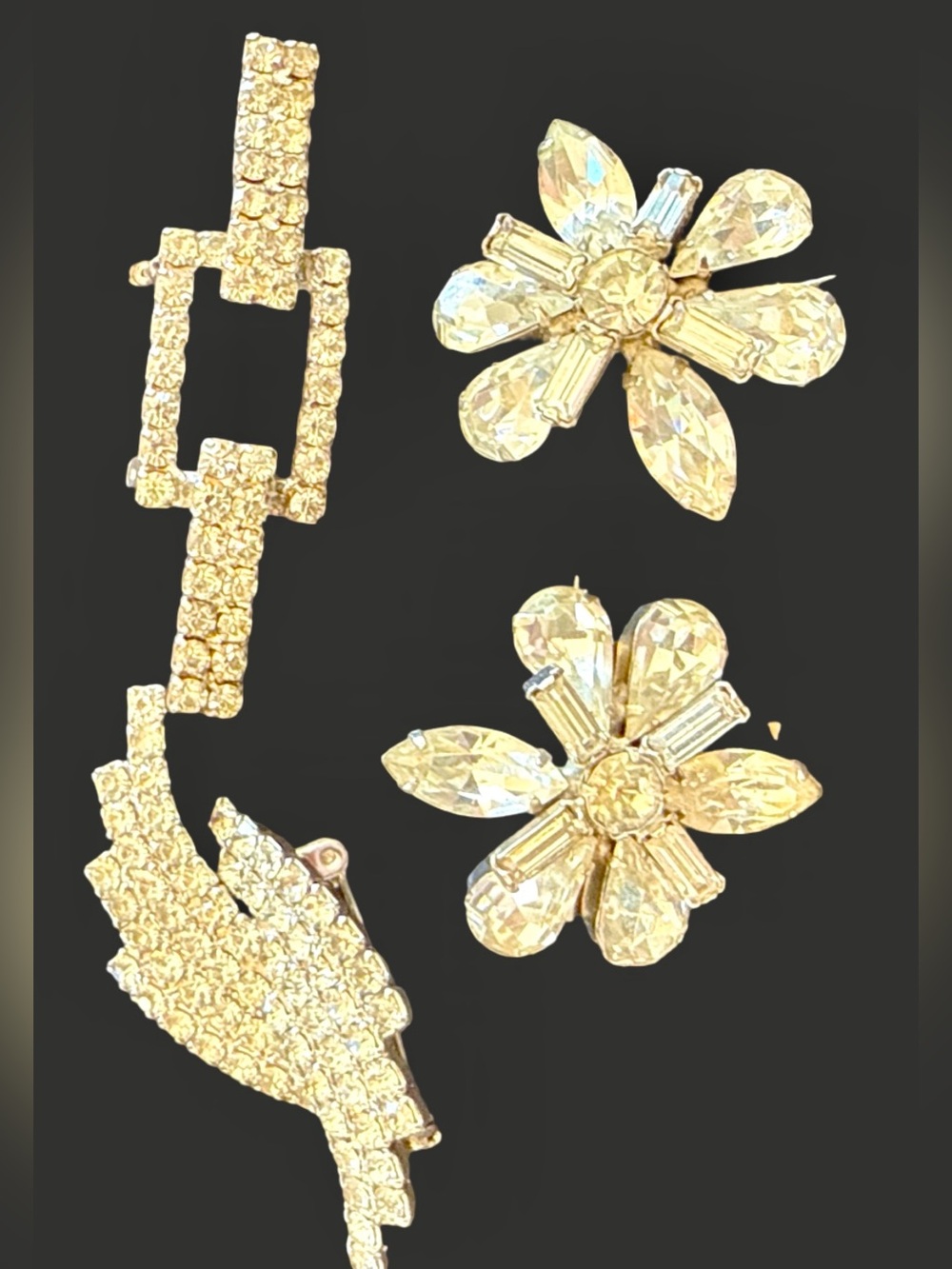 Vintage Rhinestone Brooch Pin Lot Floral Bridal prom Silver Tone Mid Century Gla